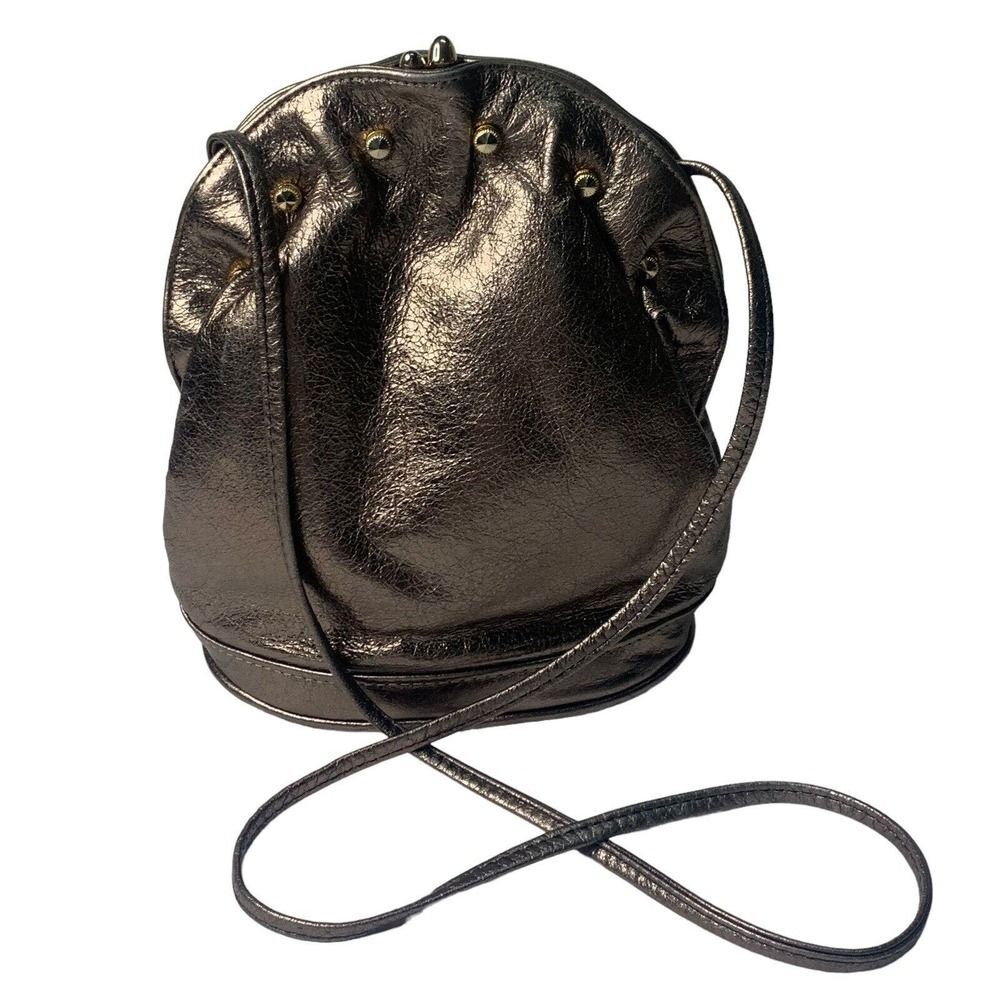 Vintage Lido Leather, Kiss Snap, Gold Bucket Clutch Purse Crossbody‎ Made In USA